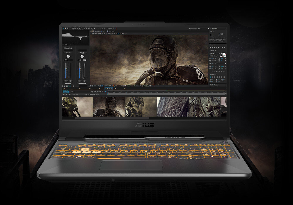 Laptop z podświetlaną klawiaturą i ekranem wyświetlającym program do edycji wideo. Na obudowie widoczne jest logo ASUS.