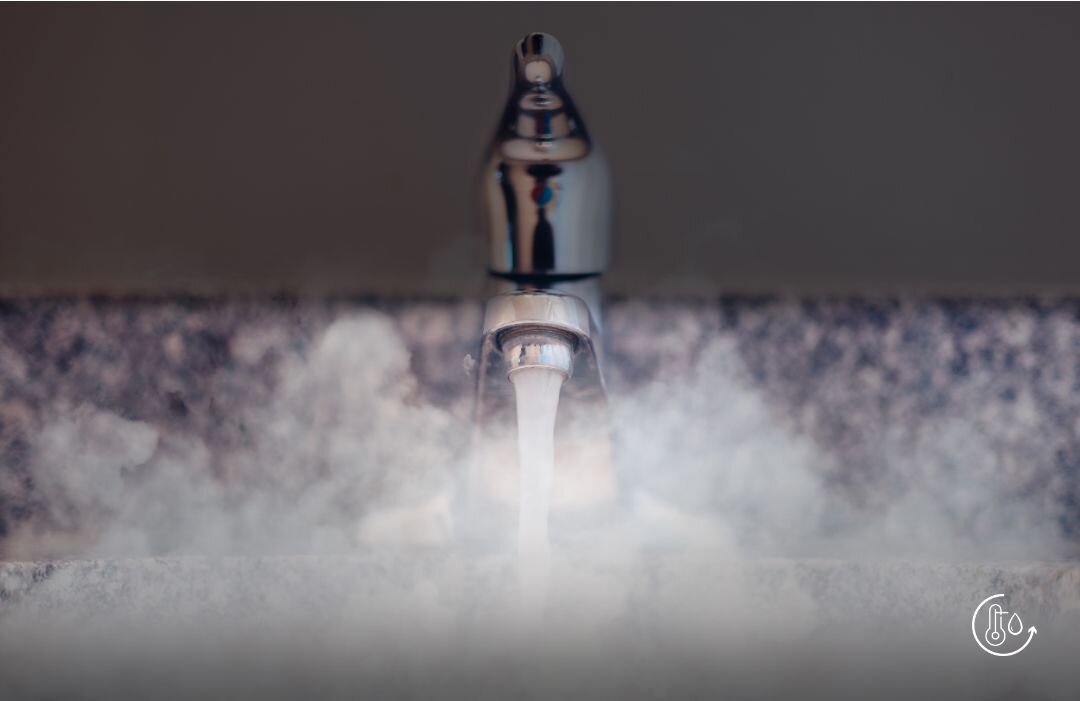 Na obrazie widoczny jest kran z którego płynie woda, otoczony parą. W prawym dolnym rogu znajduje się symbol termometru z okręgiem.