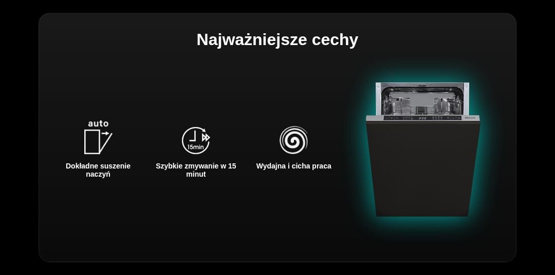 Grafika przedstawia zmywarkę z otwartymi drzwiami oraz tekst \'Najważniejsze cechy\'. Obok znajdują się ikony z opisami: \'Dokładne suszenie naczyń\', \'Szybkie zmywanie w 15 minut\', \'Wydajna i cicha praca\'.