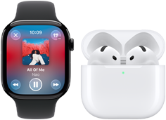 Na obrazie widoczny jest smartwatch z wyświetlaczem pokazującym okładkę albumu i tytuł utworu \'All Of Me\' oraz etui z otwartymi słuchawkami bezprzewodowymi. Na ekranie zegarka widnieje godzina 10:09 i nazwa wykonawcy \'Nao\'.