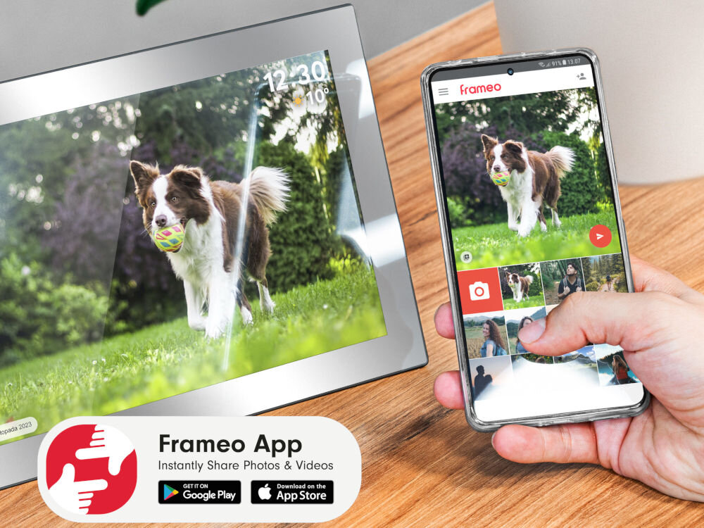 Na obrazie widoczna jest cyfrowa ramka z wyświetlonym zdjęciem psa z piłką oraz smartfon z aplikacją Frameo pokazującą to samo zdjęcie. W dolnym rogu znajduje się logo Frameo App z informacją o dostępności w Google Play i App Store.