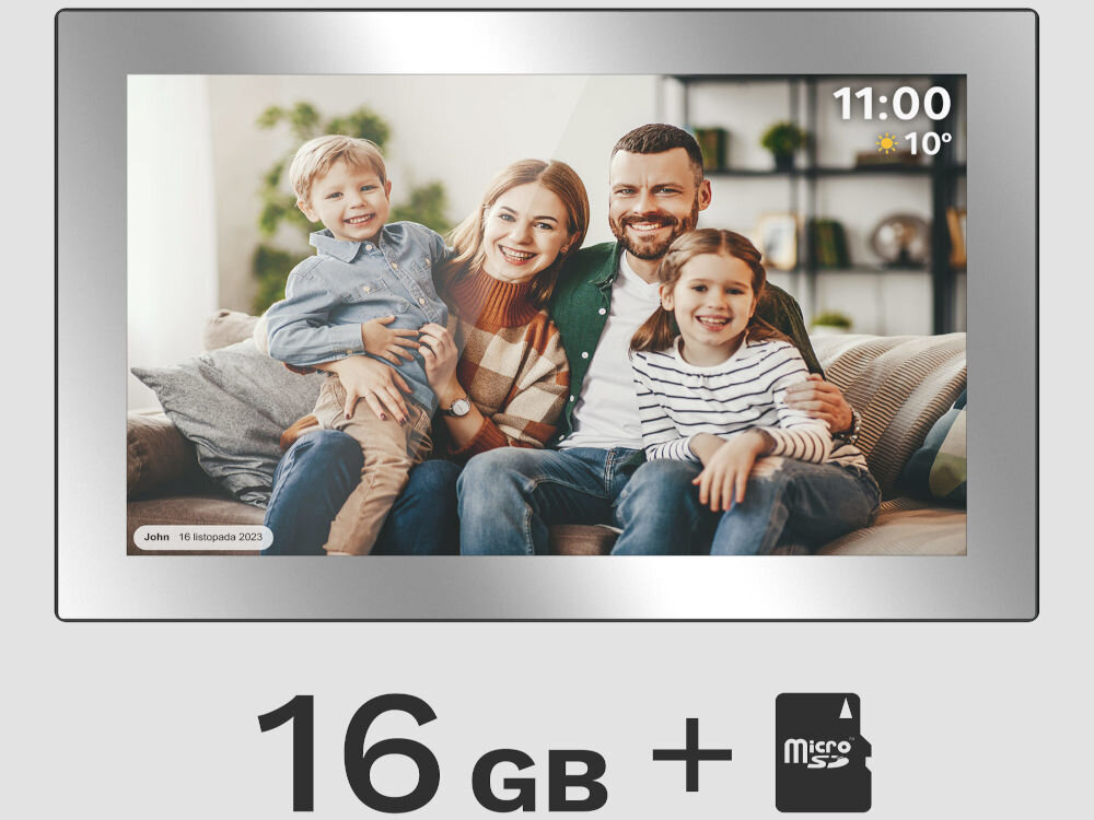 Srebrna ramka cyfrowa wyświetla zdjęcie czterech osób siedzących na kanapie, z datą \'16 listopada 2023\' i godziną \'11:00\' oraz temperaturą \'10°C\'. Poniżej widoczny jest napis \'16 GB\' oraz symbol karty microSD.