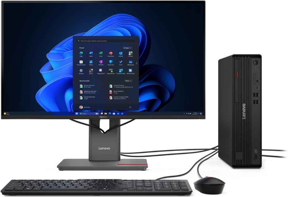Komputer LENOVO ThinkCentre M90s Gen 6 Zestaw komputerowy złożony z monitora z włączonym ekranem, czarnej klawiatury, myszy oraz pionowej obudowy komputera stacjonarnego