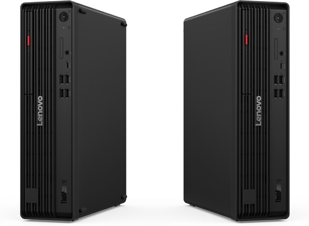 Komputer LENOVO ThinkCentre M90s Gen 6 Dwie identyczne pionowe obudowy komputerów stacjonarnych ustawione obok siebie pod lekkim kątem