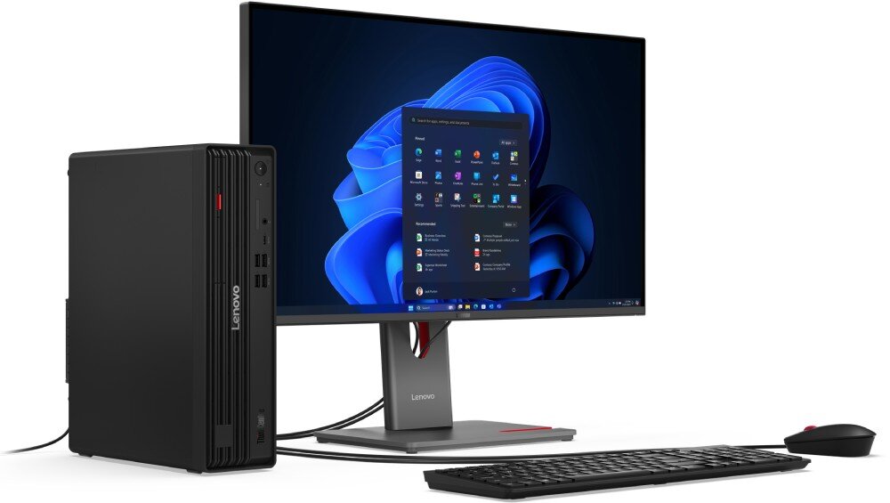 Komputer LENOVO ThinkCentre M90s Gen 6 Komputer stacjonarny z monitora z włączonym ekranem, pionową obudową po lewej stronie, klawiaturą oraz myszą