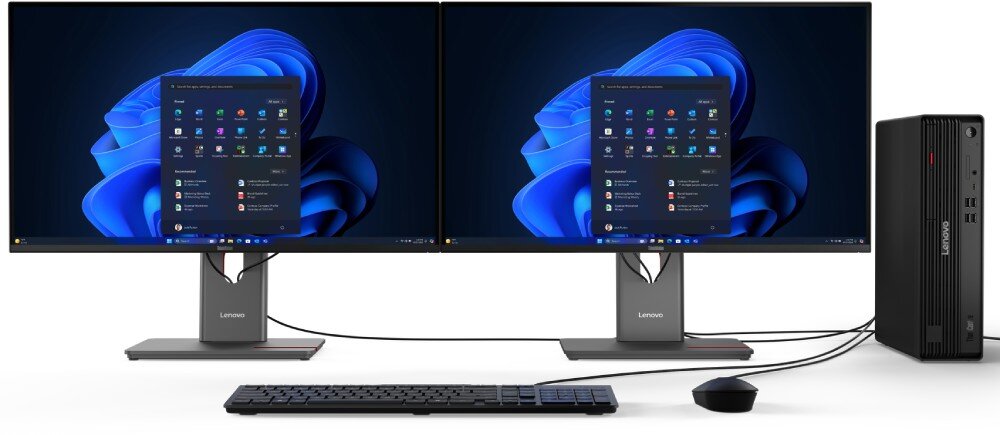 Komputer LENOVO ThinkCentre M90s Gen 6 Stanowisko z dwoma monitorami ustawionymi obok siebie, klawiaturą, myszą oraz pionową obudową komputera stacjonarnego po prawej stronie
