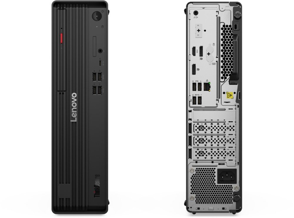 Komputer LENOVO ThinkCentre M90s Gen 6 Przednia część obudowy komputera z portami USB oraz tylna część z panelami złączy i otworem zasilacza