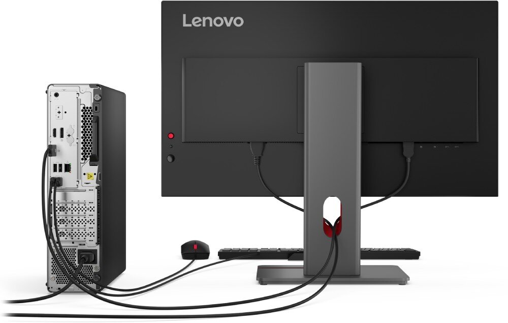 Komputer LENOVO ThinkCentre M90s Gen 6 Tył zestawu komputerowego z podłączonymi kablami idącymi od monitora, myszy i klawiatury do obudowy