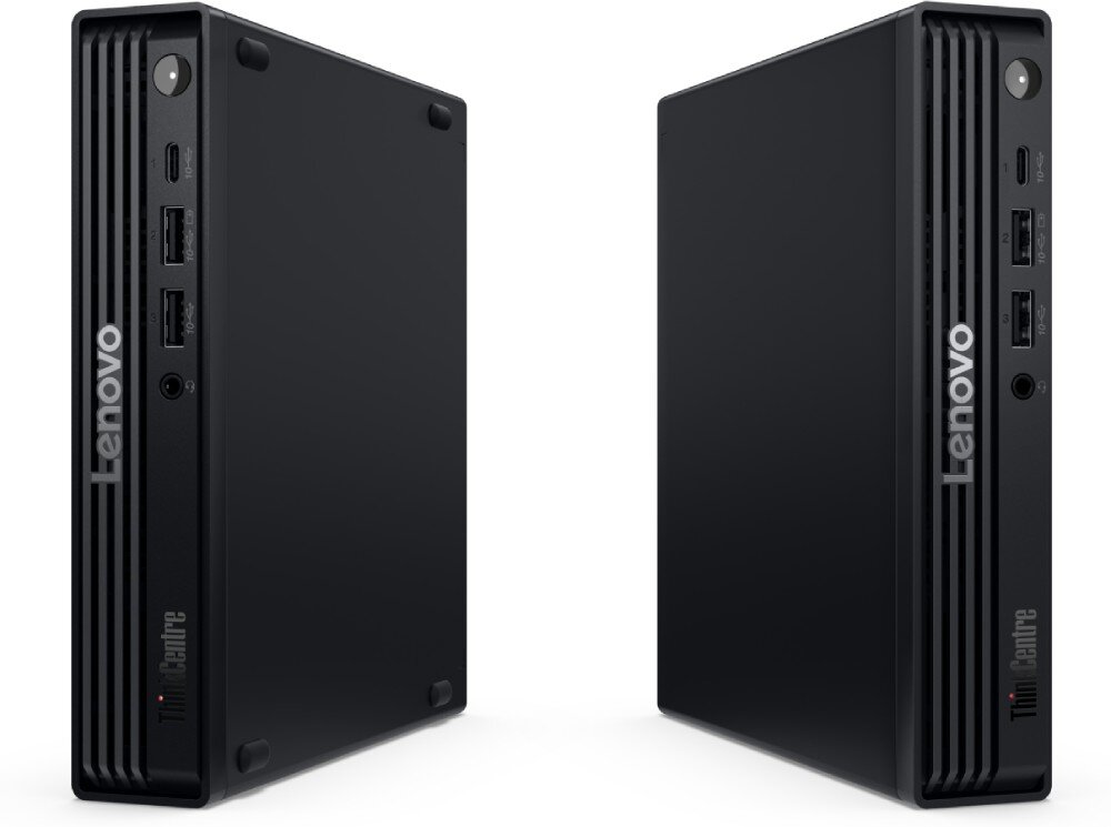 Komputer LENOVO ThinkCentre M70Q Gen 6 Dwa miniaturowe komputery stacjonarne ustawione pionowo obok siebie, widoczne od frontu i boku, z portami USB oraz napisami 'Lenovo' i 'ThinkCentre' na przednich panelach