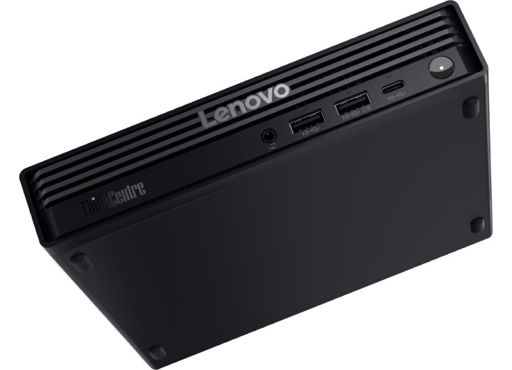 Komputer LENOVO ThinkCentre M70Q Gen 6 Komputer w niewielkiej obudowie leżący pod kątem, z widocznym przednim panelem zawierającym przycisk zasilania, porty USB, gniazdo audio oraz napis 'Lenovo'