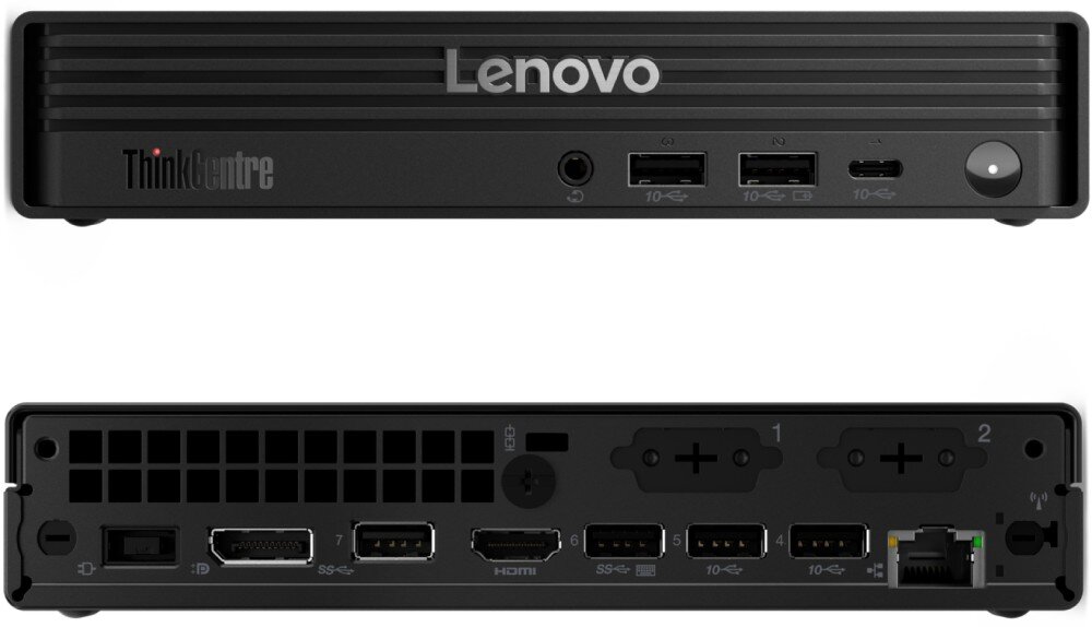 Komputer LENOVO ThinkCentre M70Q Gen 6 Przedni i tylny panel małego komputera pokazane od przodu, widoczne złącza USB, HDMI, DisplayPort, gniazdo sieciowe LAN oraz przycisk włącznika