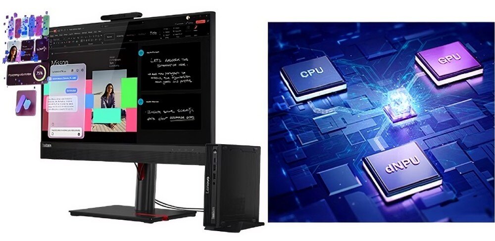 Komputer LENOVO ThinkCentre M70Q Gen 6 Komputer stojący przy monitorze oraz schemat płytki drukowanej z procesorami oznaczonymi jako 'CPU', 'GPU' i 'NPU' połączonymi ze sobą świetlnymi liniami