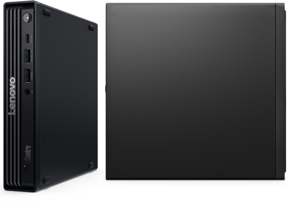 Komputer LENOVO ThinkCentre M70Q Gen 6 Komputer ustawiony pionowo obok gładkiej, bocznej ścianki obudowy drugiego takiego samego urządzenia, widoczny podłużny napis 'Lenovo' na froncie