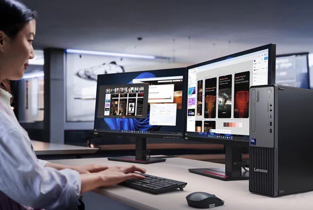 Osoba pracuje przy biurku z dwoma monitorami, na których wyświetlane są różne aplikacje. Obok monitorów znajduje się komputer stacjonarny z widocznym logo Lenovo.