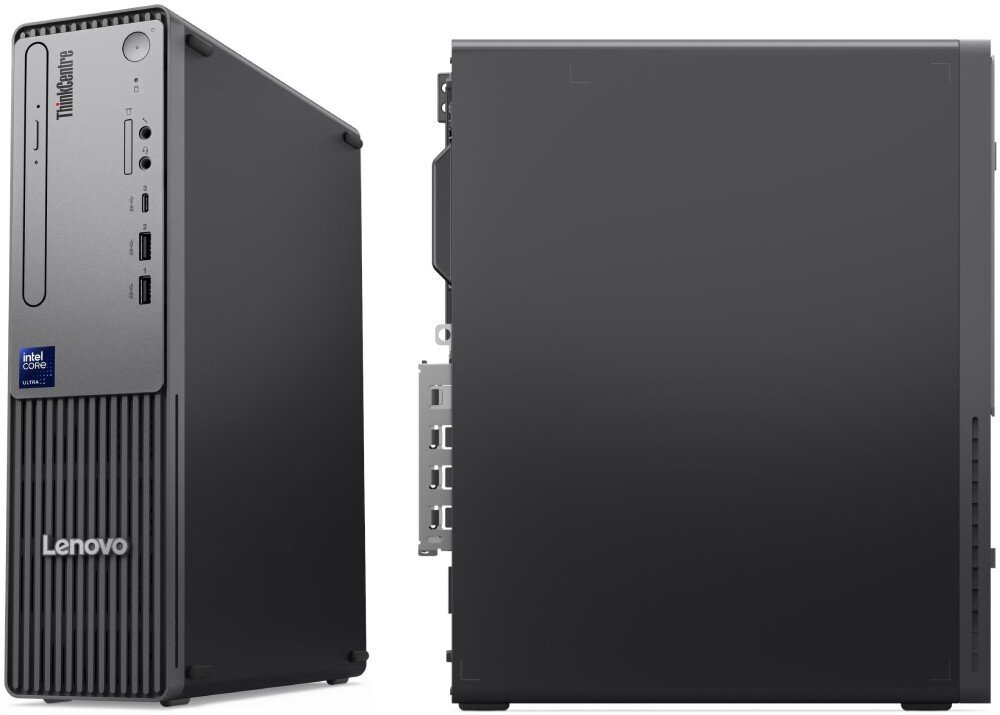 Obraz przedstawia dwa widoki komputera stacjonarnego w obudowie typu tower. Na przednim panelu widoczne są porty USB, gniazdo audio oraz logo \'Lenovo\'.