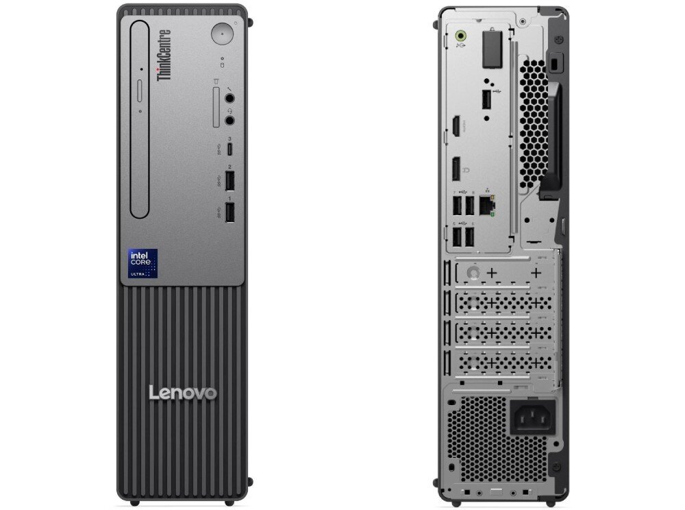 Obraz przedstawia przód i tył obudowy komputera stacjonarnego. Na przodzie widoczne są porty USB, gniazda audio oraz logo \'Lenovo\', a z tyłu różne złącza i otwory wentylacyjne.