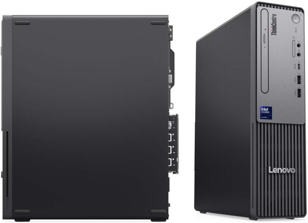 Obraz przedstawia dwa komputery stacjonarne w kolorze czarnym. Na jednym z nich widoczne jest logo \'Lenovo\' oraz napis \'ThinkCentre\'.