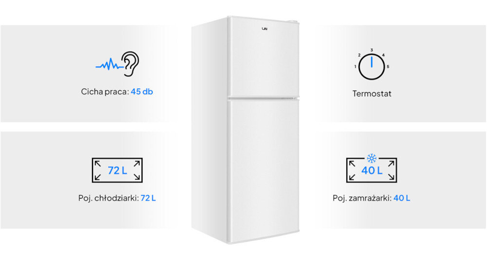 Na obrazie widoczna jest biała lodówka z logo LIN, obok której znajdują się informacje: \'Cicha praca: 45 db\', \'Termostat\', \'Poj. chłodziarki: 72L\', \'Poj. zamrażarki: 40L\'.