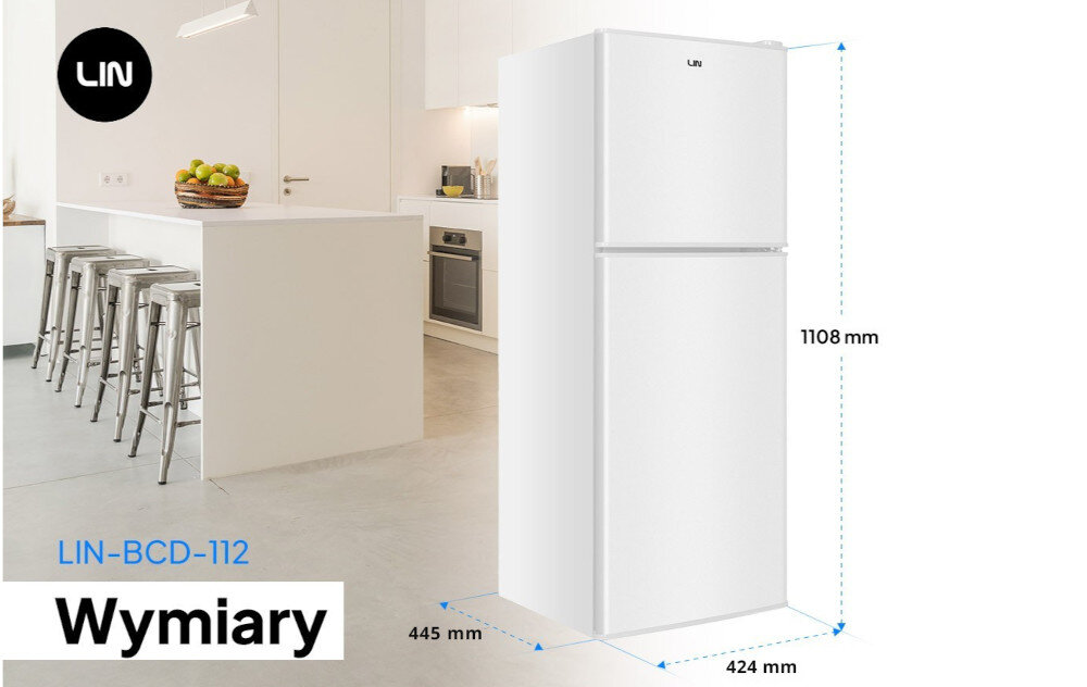 Obraz przedstawia białą lodówkę LIN o wymiarach 1108 mm wysokości, 445 mm szerokości i 424 mm głębokości. W tle widoczna jest nowoczesna kuchnia z wyspą i krzesłami barowymi, a na lodówce znajduje się logo LIN.