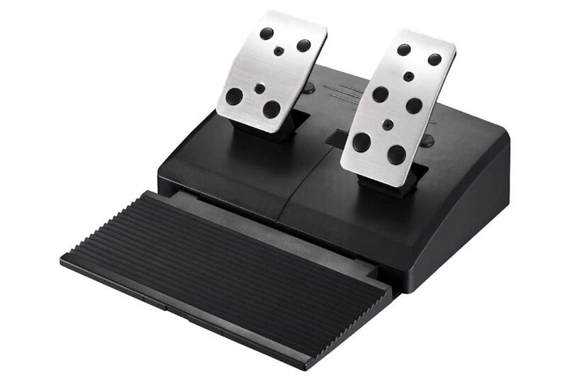 Na obrazie widoczne są dwa metalowe pedały zamontowane na czarnej podstawie z teksturowaną powierzchnią. Pedały mają otwory i są przeznaczone do symulacji jazdy w grach wideo.