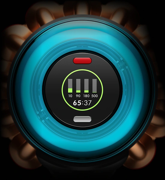 Obraz przedstawia wyświetlacz z okrągłym wskaźnikiem otoczonym niebieskim światłem. Na ekranie widoczne są liczby 10, 90, 180, 500 oraz czas 65:37.