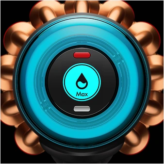 Centralny przycisk z symbolem kropli i napisem \'Max\' otoczony niebieskim pierścieniem. W tle widoczne są złote elementy przypominające kształtem kulki.