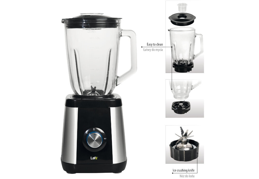 Blender kielichowy w kolorze srebrno-czarnym z logo \'Lafe\' na podstawie. Obok widoczne są szczegóły konstrukcji, takie jak pokrywa, kielich oraz nóż do lodu, z opisami \'Easy to clean\' i \'Ice crushing knife\'.