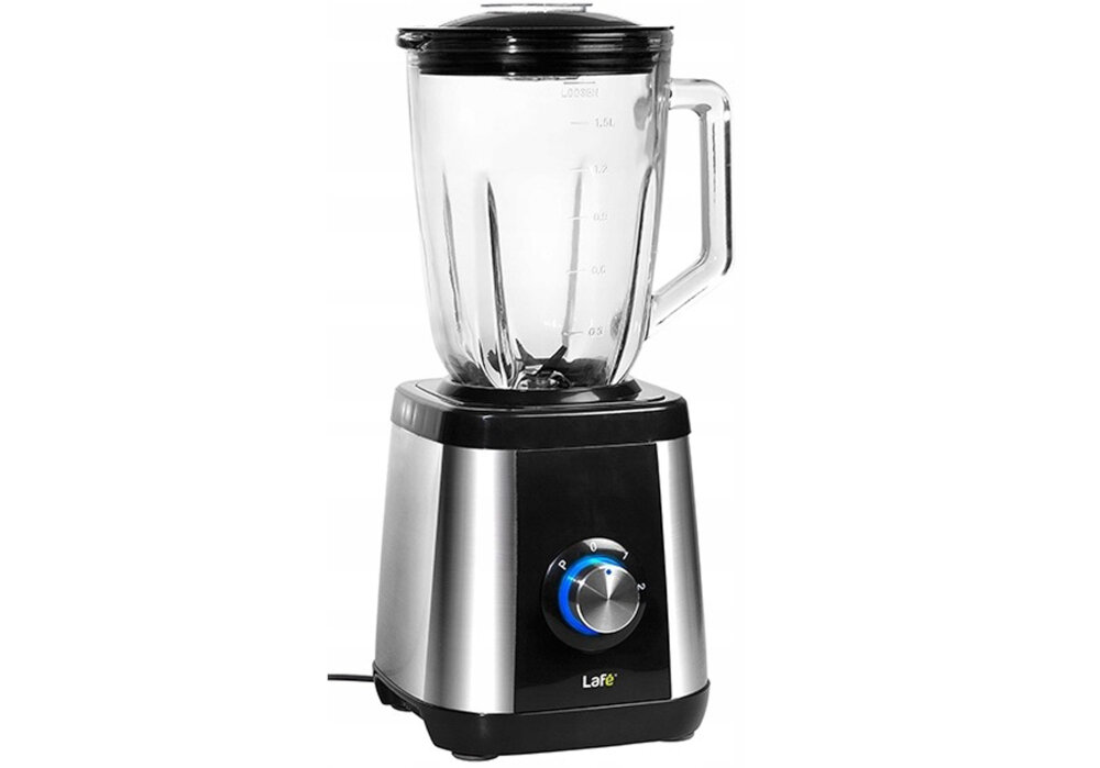 Na obrazie widoczny jest blender kielichowy w kolorze srebrno-czarnym z przezroczystym pojemnikiem i pokrętłem z niebieskim podświetleniem. Na obudowie znajduje się logo \'Lafe\'.