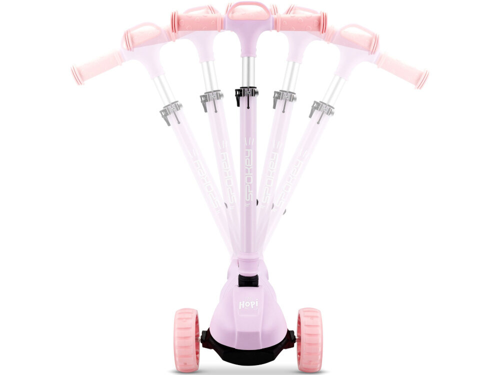 Różowa hulajnoga dla dzieci z regulowaną kierownicą i trzema kołami. Na przedniej części widoczny jest napis \'HOPI\' oraz \'SPOKEY\'.