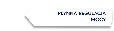 Obraz przedstawia biały prostokąt z czarną strzałką skierowaną w lewo. Na prostokącie znajduje się tekst: \'PŁYNNA REGULACJA MOCY\'.