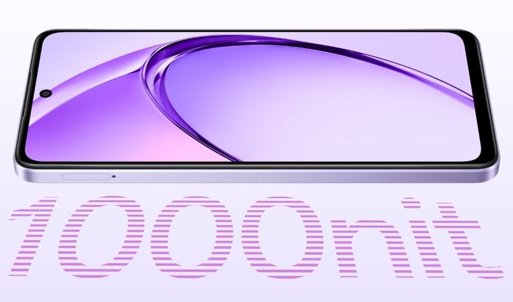 Smartfon z wyświetlaczem o fioletowym tle i napisem \'1000nit\' poniżej. Telefon ma cienkie ramki i widoczny przycisk na boku obudowy.