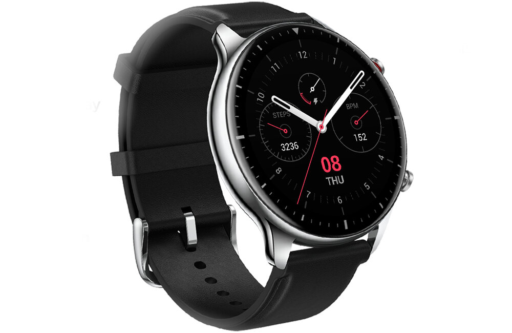 Smartwatch z okrągłą tarczą, srebrną kopertą i czarnym paskiem. Na wyświetlaczu widoczne są wskaźniki kroków, tętna oraz data i dzień tygodnia.