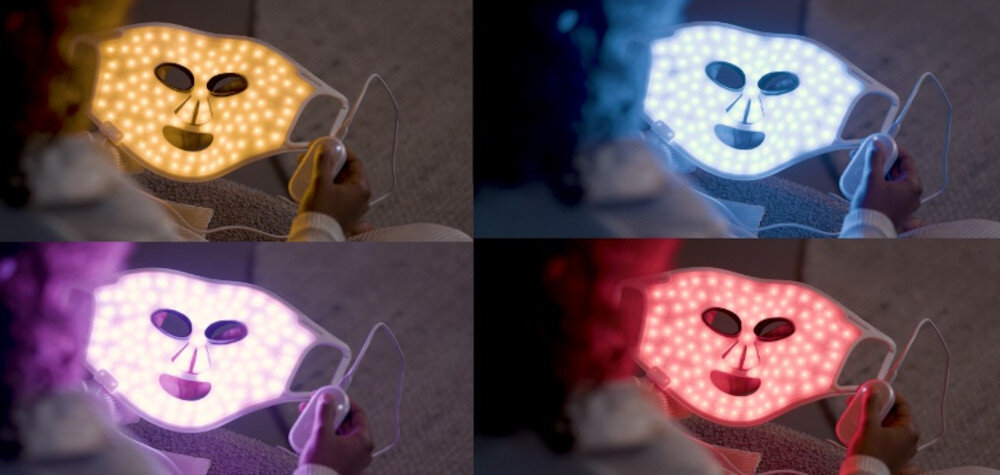 Maska LED SILK'N FLM100PE1001 100 diod światło emitacja 4 kolory czerwony niebieski żółty fioletowy redukcja poprawa kolagen krążenie skóra koloryt łagodzenie nawilżenie witalność blask