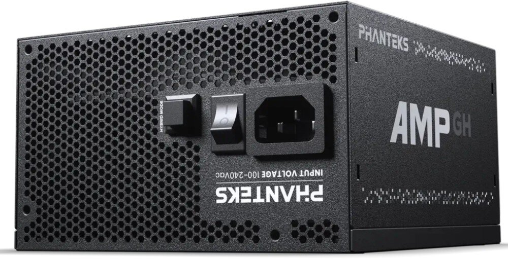 Na obrazie widoczny jest zasilacz komputerowy z logo \'PHANTEKS\' i napisem \'AMP GH\'. Obok znajduje się przełącznik oraz gniazdo zasilania z napisem \'INPUT VOLTAGE 100-240V~\'.