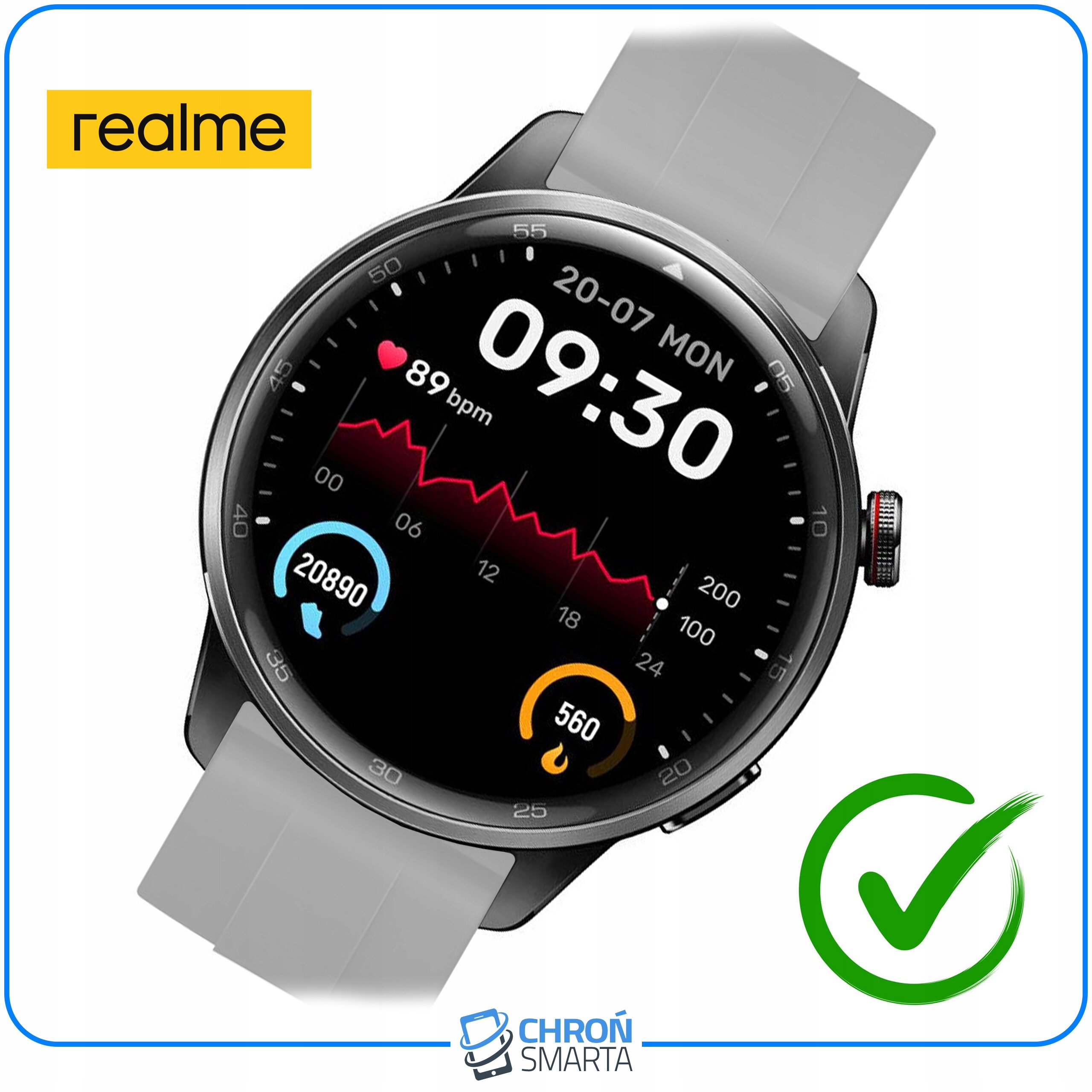 Smartwatch z okrągłym wyświetlaczem pokazuje godzinę 09:30, datę 20-07 MON oraz tętno 89 bpm. Widoczne są także logo \'realme\' i \'CHROŃ SMARTA\'.