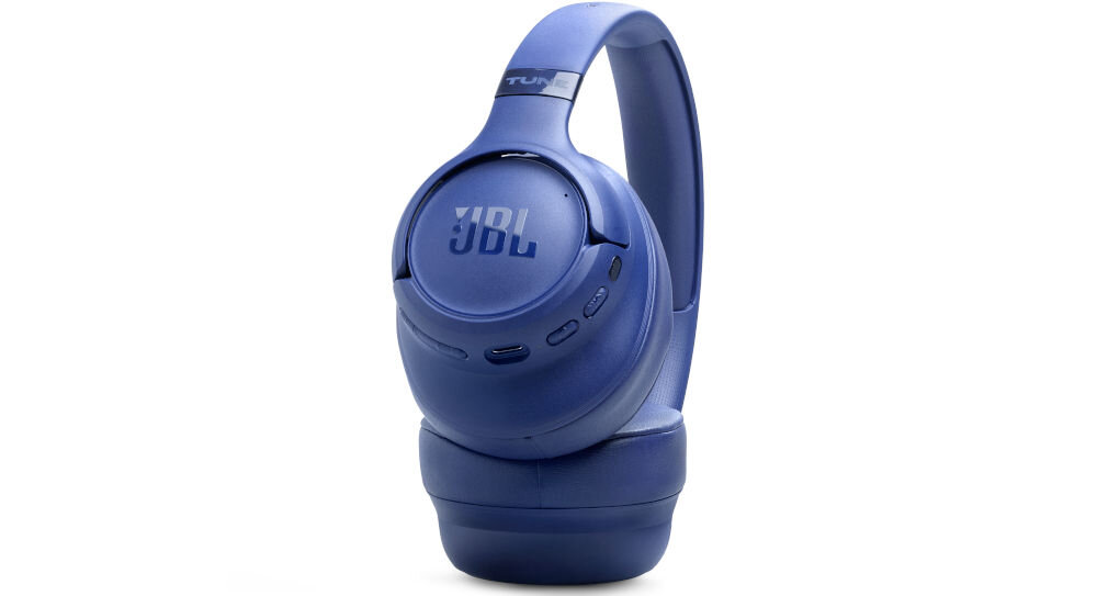 Na zdjęciu widoczne są niebieskie słuchawki nauszne z logo \'JBL\' na nauszniku. Słuchawki mają miękkie poduszki i regulowany pałąk.
