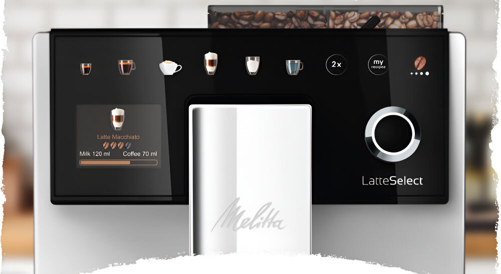 Panel ekspresu do kawy z ikonami różnych napojów i napisem \'Latte Macchiato Milk 120 ml Coffee 70 ml\'. Widoczne logo \'Melitta\' oraz napis \'LatteSelect\'.