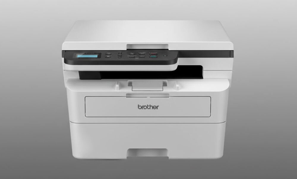 Urządzenie wielofunkcyjne BROTHER DCP-B7600D Automatyczny druk dwustronny prezentacja urządzenia na szarym tle interfejs USB sprawne przesyłanie danych prosta konfiguracja standard Hi-Speed USB 2.0 efektywna obsługa dokumentów