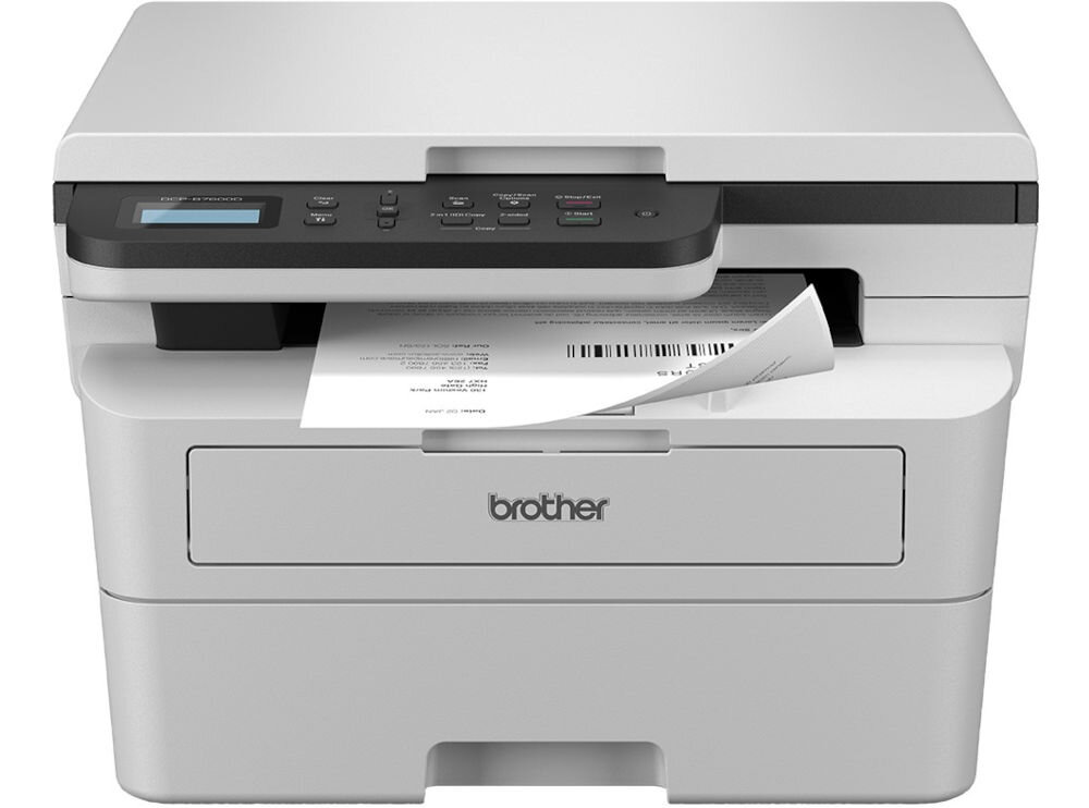 Urządzenie wielofunkcyjne BROTHER DCP-B7600D Automatyczny druk dwustronny prezentacja urządzenia na białym tle od przodu z wychodzącą kartką druk dwustronny duplex obniżenie kosztów redukcja zużycia papieru