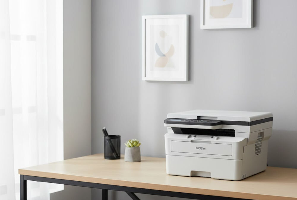 Urządzenie wielofunkcyjne BROTHER DCP-B7600D Automatyczny druk dwustronny prezentacja urządzenia na biurku w jasnym pokoju czas wydruków mono rozdzielczość efektywne narzędzie
