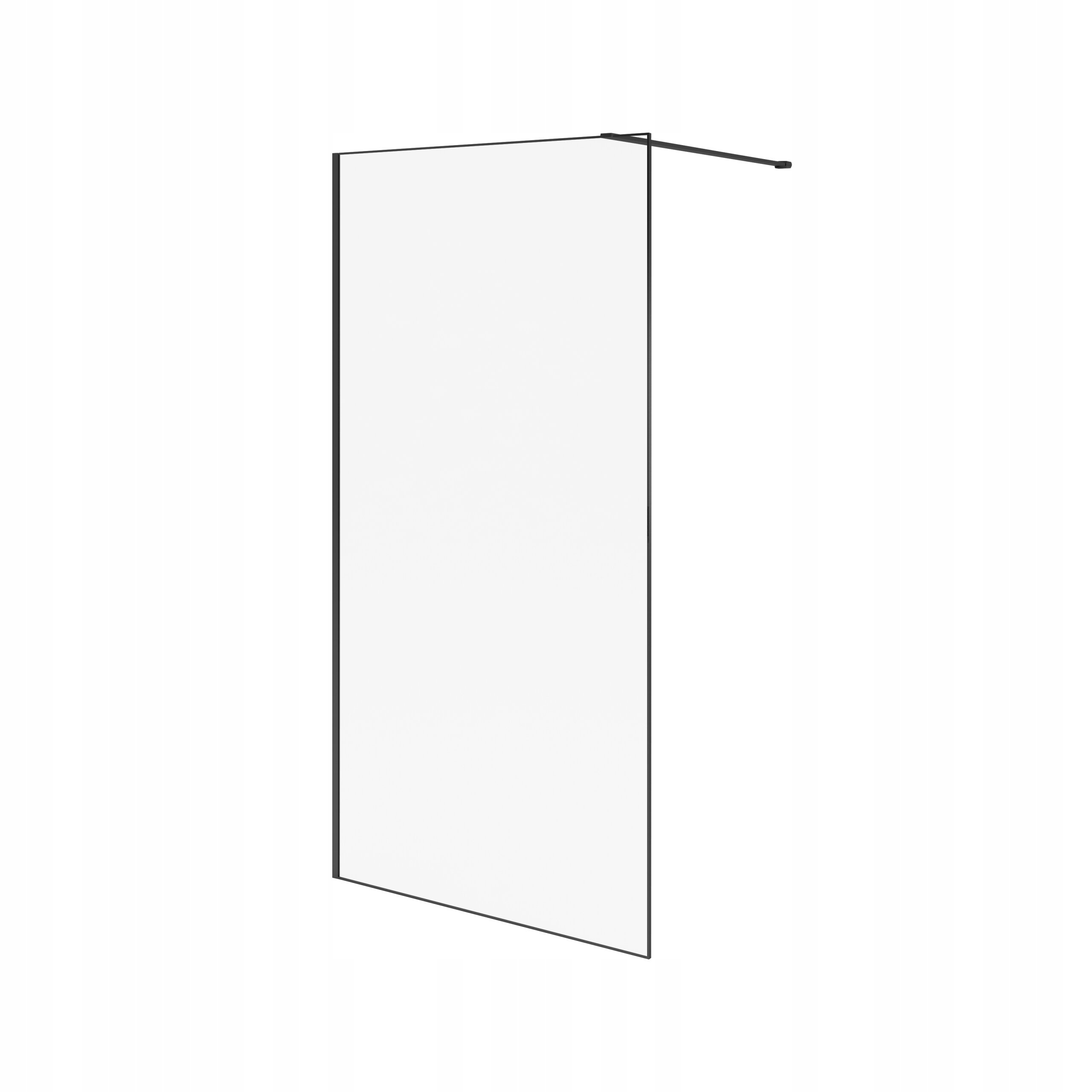 Przezroczysta ścianka prysznicowa z czarną ramą i wspornikiem montażowym. Produkt ma minimalistyczny design i prostokątny kształt.
