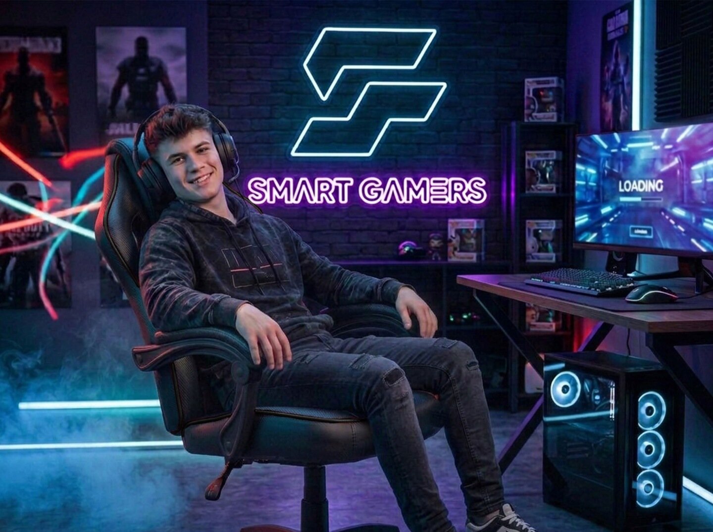 Osoba siedzi na czarnym fotelu gamingowym w pokoju z neonowym napisem \'SMART GAMERS\' na ścianie. Obok znajduje się biurko z monitorem, na którym widoczny jest napis \'LOADING\'.