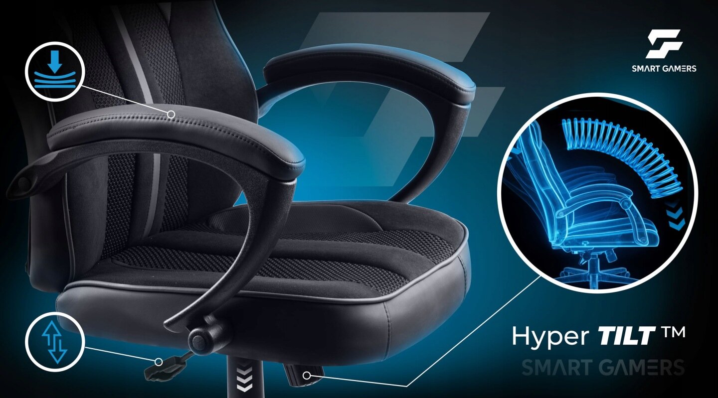 Obraz przedstawia czarny fotel gamingowy z podłokietnikami, z widocznymi elementami regulacji i mechanizmem \'Hyper TILT™\'. W prawym górnym rogu znajduje się logo \'SMART GAMERS\'.