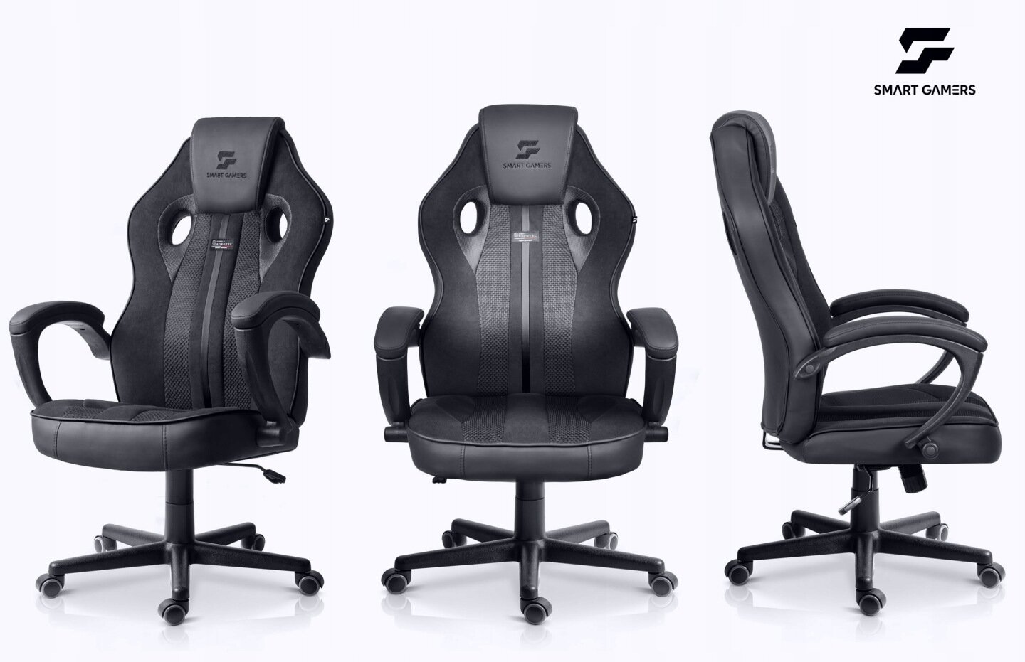 Na obrazie widoczne są trzy czarne fotele gamingowe z logo \'SMART GAMERS\' na zagłówkach. Fotele mają kubełkowy kształt, obrotową podstawę i podłokietniki.