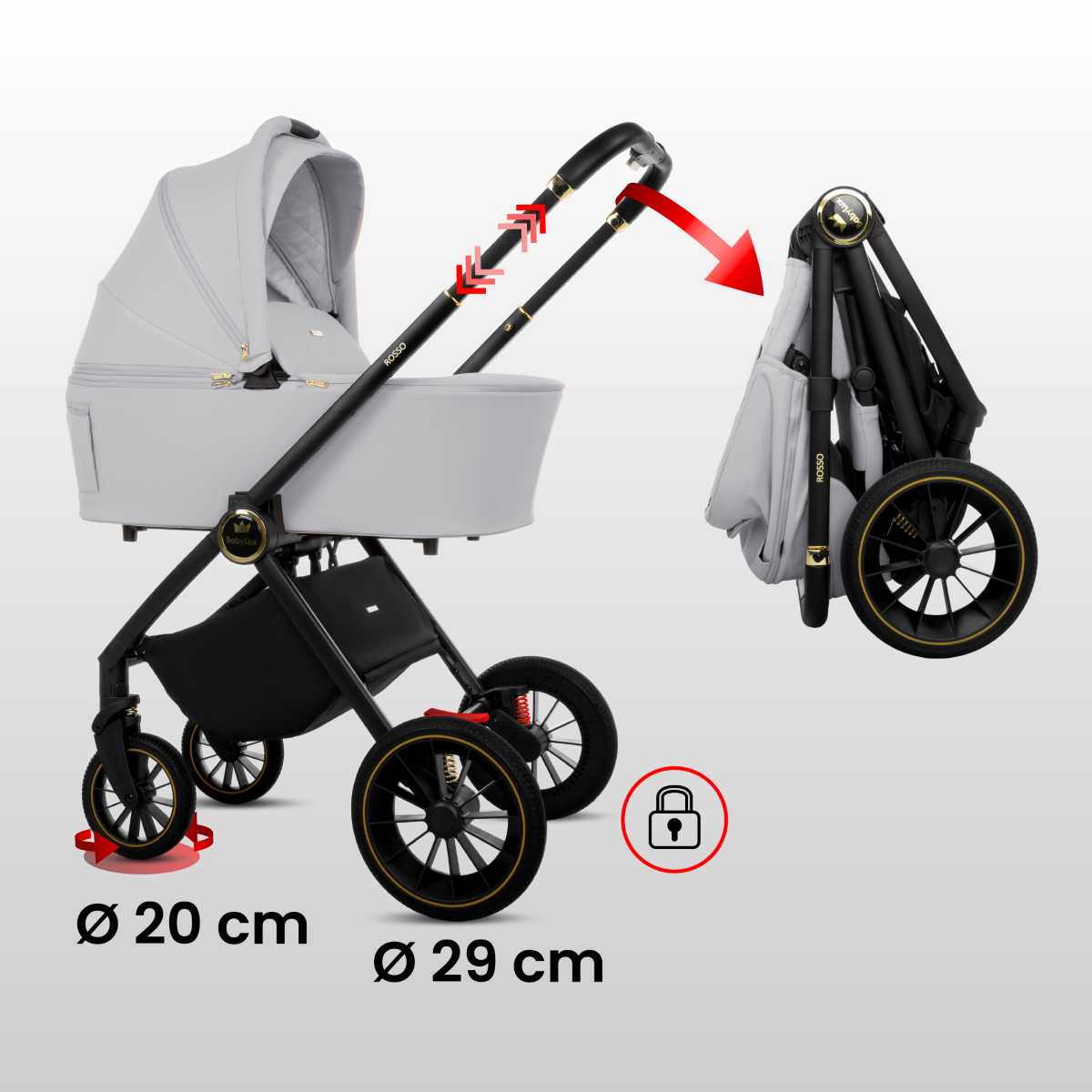 Obraz przedstawia wózek dziecięcy z gondolą w kolorze szarym, z czarną ramą i kołami o średnicy 20 cm i 29 cm. Obok wózka pokazano jego złożoną wersję, a na ramie widnieje napis \'ROSSO\'.
