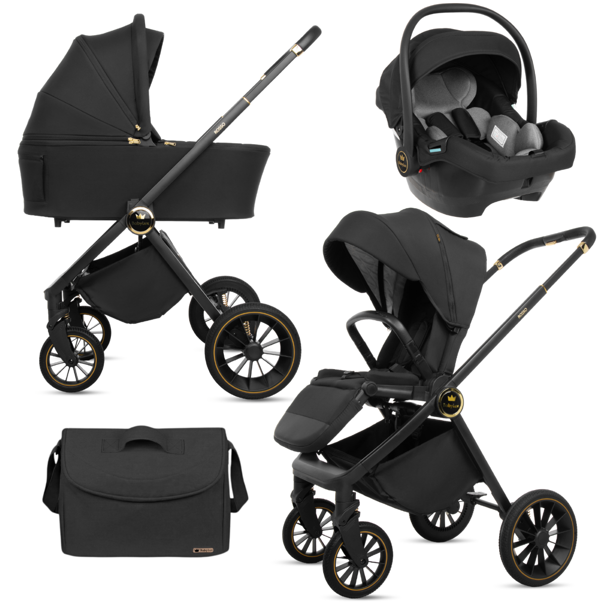 Na obrazie widoczny jest czarny wózek dziecięcy 3w1 z gondolą, spacerówką i fotelikiem samochodowym. Obok znajduje się czarna torba z logo \'BabyLux\'.