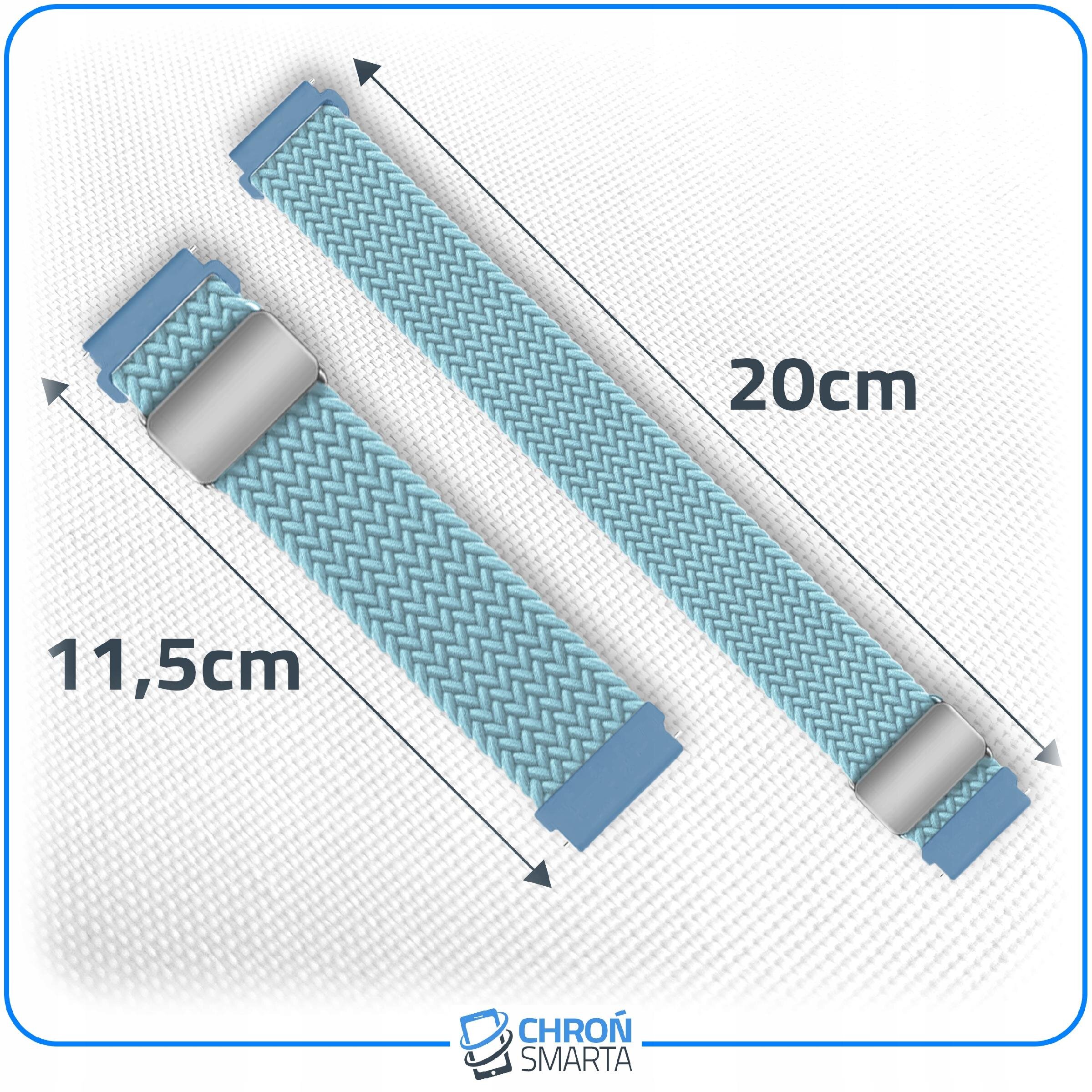 Na obrazie widoczne są dwa niebieskie paski do zegarka z plecionym wzorem, o długościach 11,5 cm i 20 cm. W dolnej części znajduje się logo \'CHROŃ SMARTA\'.