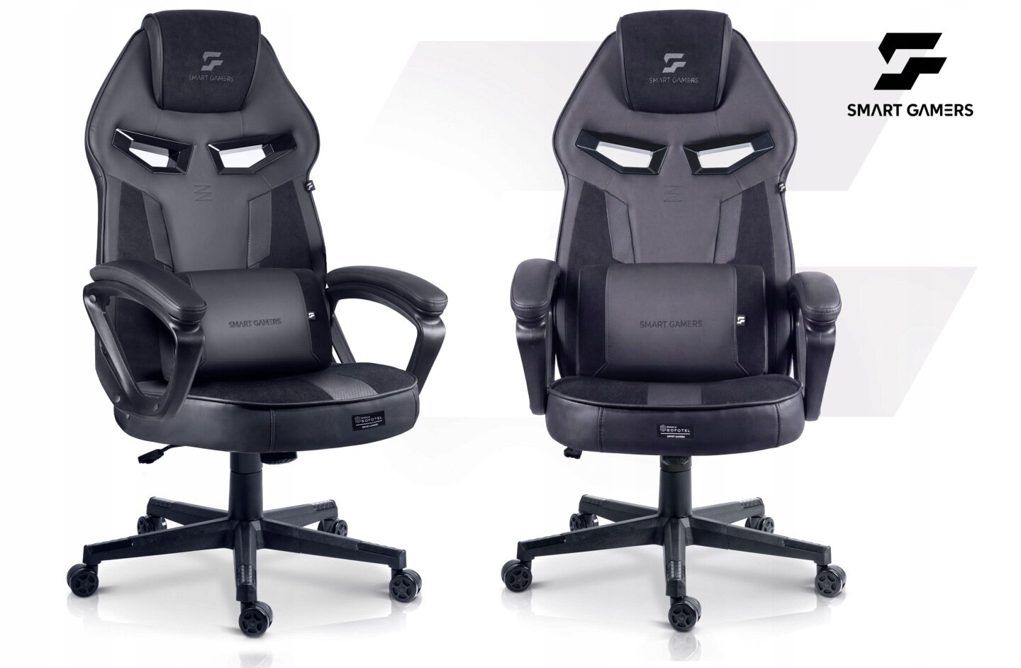 Na obrazie widoczne są dwa czarne fotele gamingowe z logo \'SMART GAMERS\' na zagłówkach. Fotele mają kubełkowy kształt, podłokietniki i podstawę na kółkach.