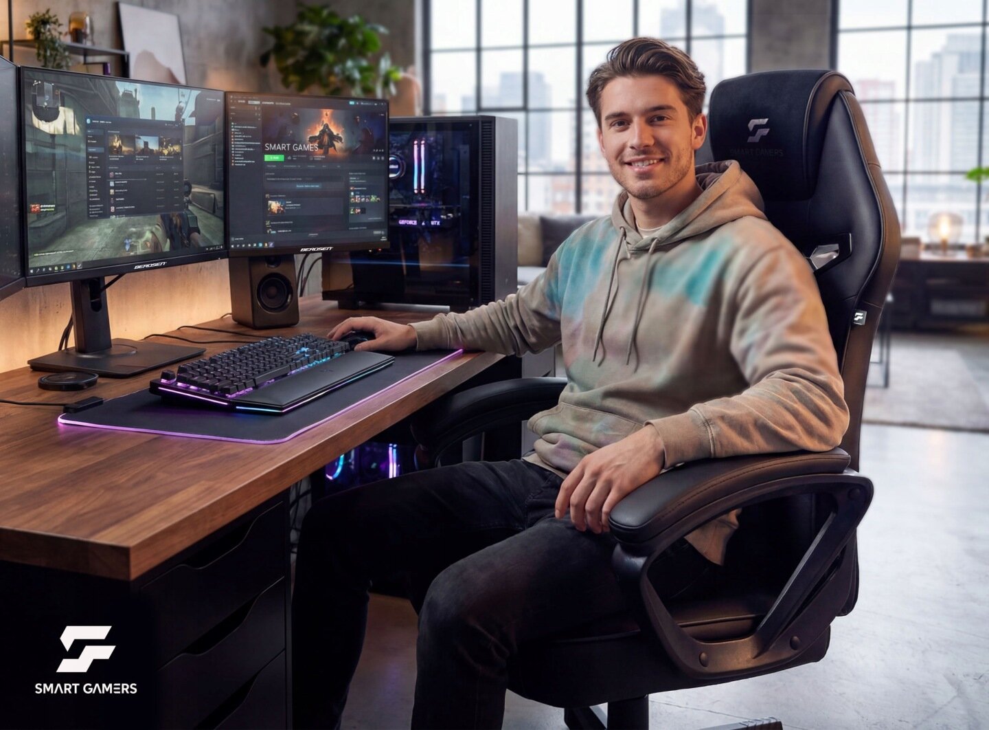 Osoba siedzi na czarnym fotelu gamingowym przy biurku z dwoma monitorami i klawiaturą z podświetleniem. Na fotelu widoczne jest logo \'SMART GAMERS\'.