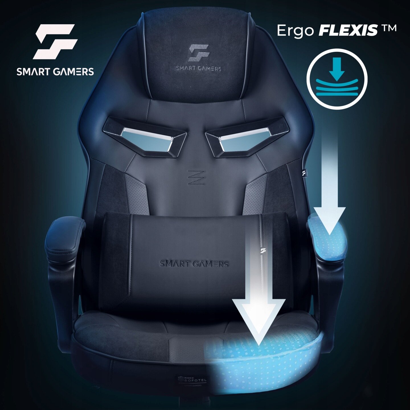 Czarny fotel gamingowy z logo \'SMART GAMERS\' na zagłówku i poduszce lędźwiowej. Obok fotela widoczny jest napis \'Ergo FLEXIS™\' oraz symbol nacisku na podłokietnik i siedzisko.